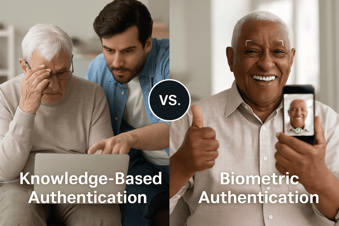 image of 2 men using KBA and frustrated and a man smiling with thumbs up doing biometric